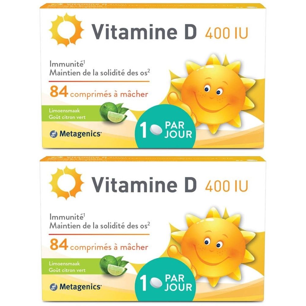 Deux boîtes de Vitamine D 400 UI. Inscription: Immunité, maintien des os. 84 comprimés à mâcher. Marque Metagenics. 1 par jour.