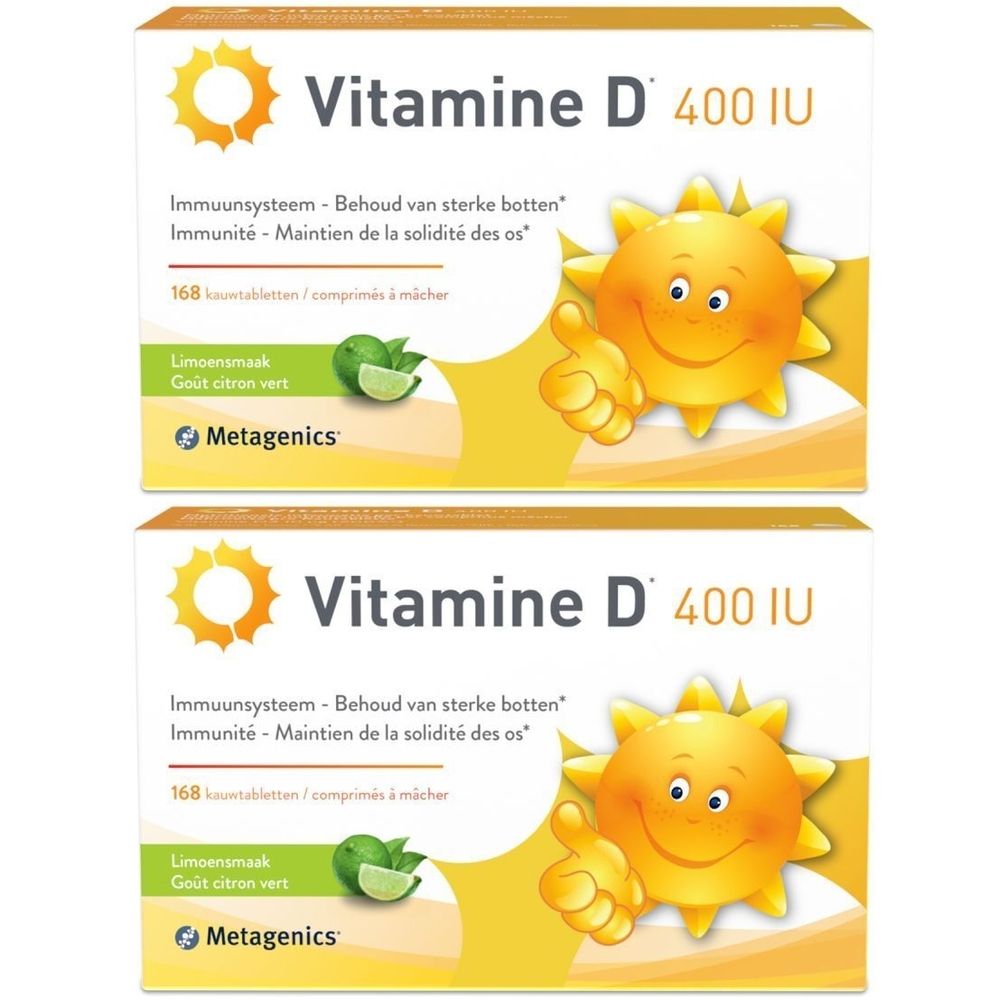Deux boîtes de Vitamine D 400 UI. Inscription: Immunité, maintien des os. 168 comprimés à mâcher. Marque Metagenics. Goût citron vert.