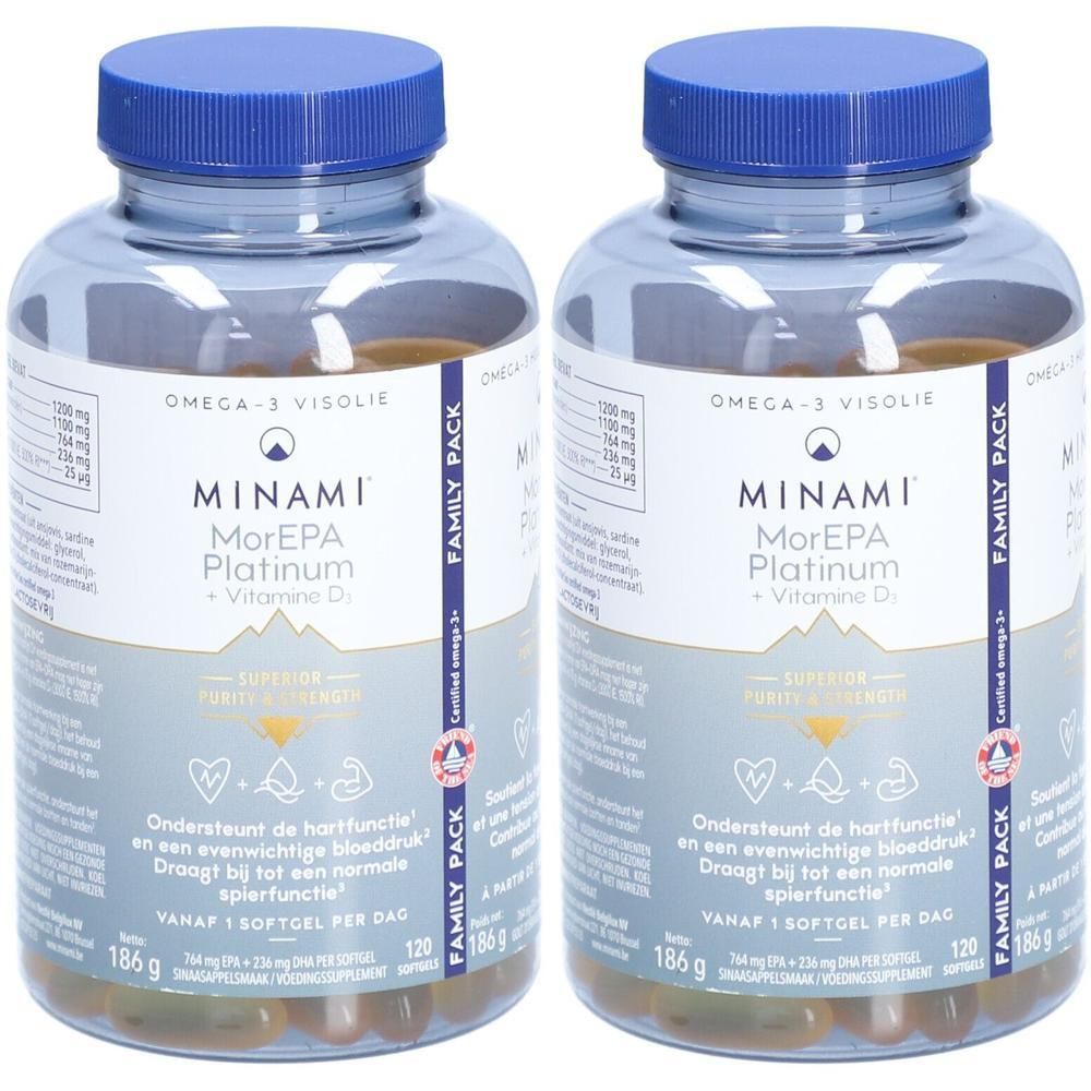 Zwei Flaschen MINAMI® MorEPA Platinum + Vitamin D3. Klare Kunststoffflaschen mit blauem Deckel und Etikett. Enthält 120 Softgel-Kapseln.