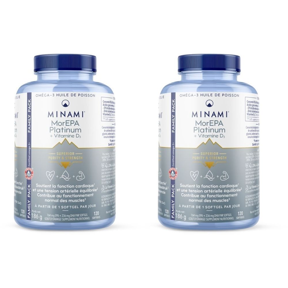Deux flacons de MINAMI® MorEPA Platinum + Vitamine D3. Flacons en plastique transparent avec bouchon bleu et étiquette. Contient 120 gélules.