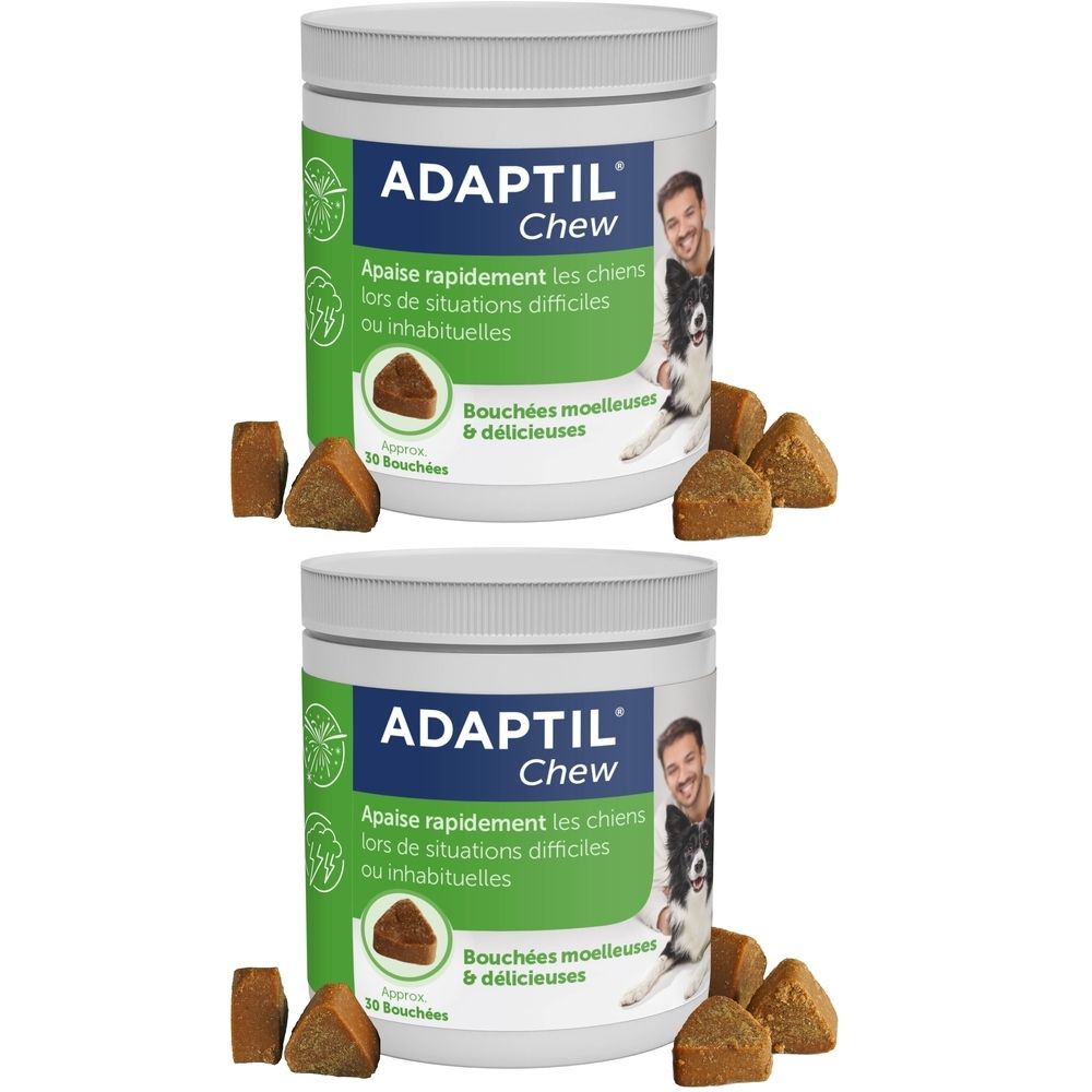 Deux boîtes blanches avec étiquette bleue. Inscription Adaptil Chew. Bouchées molles triangulaires à côté. Texte: Bouchées moelleuses & délicieuses.