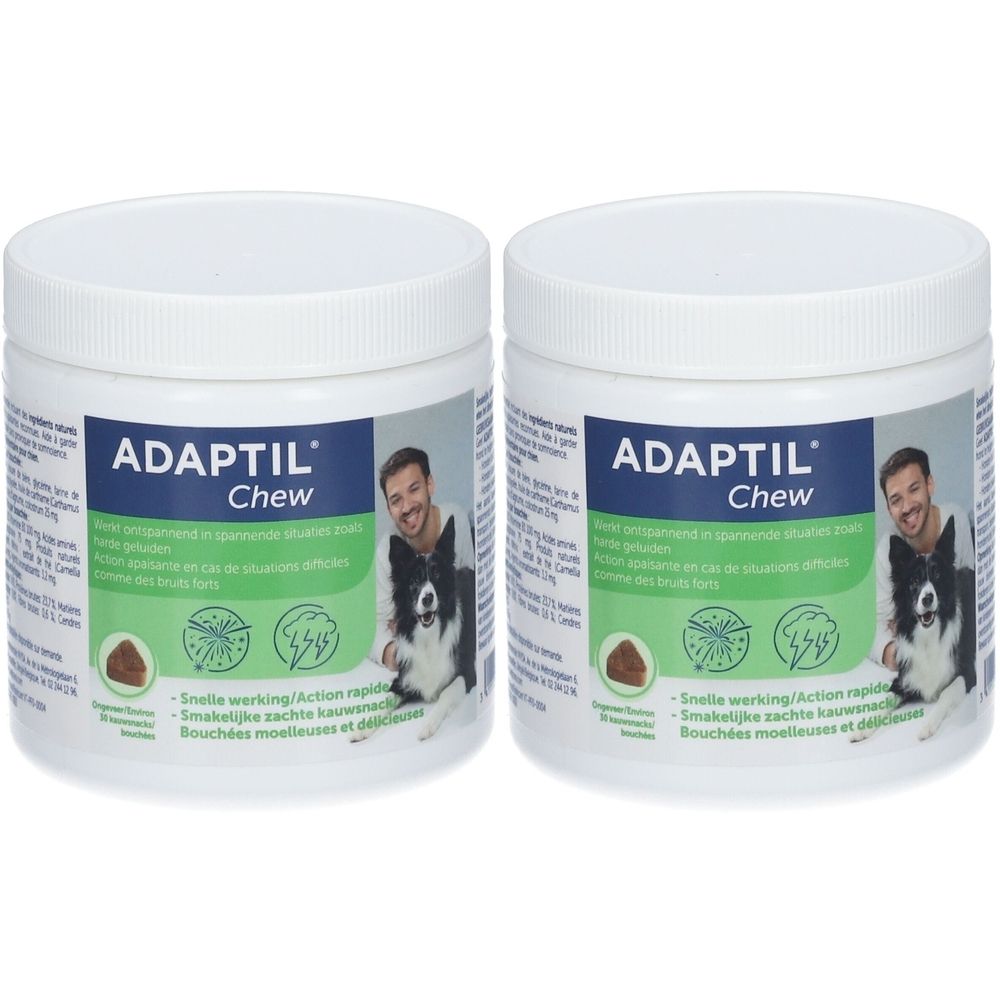 Deux boîtes blanches avec étiquette bleu et blanc. Inscription Adaptil Chew. Image d'un homme et chien. Bouchées molles et délicieuses.