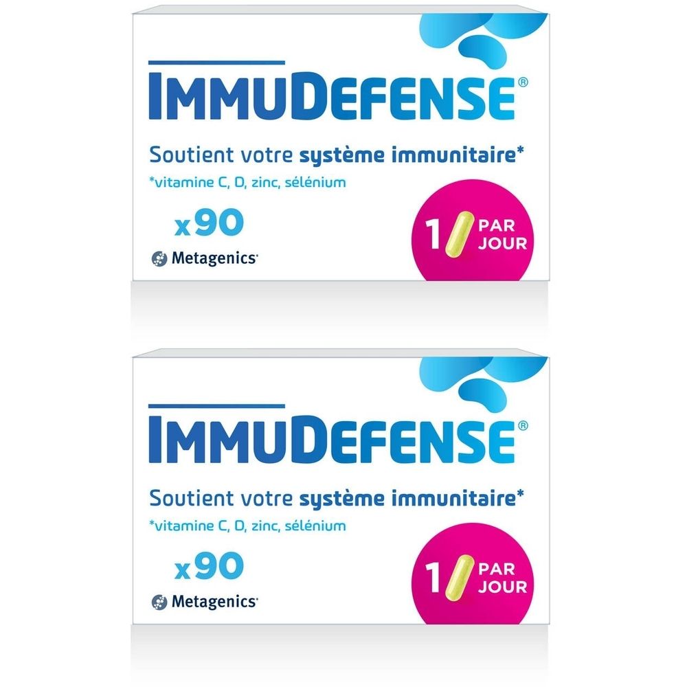 Deux boîtes blanches avec le texte bleu IMMUDEFENSE. Contient 90 comprimés. Logo Metagenics.