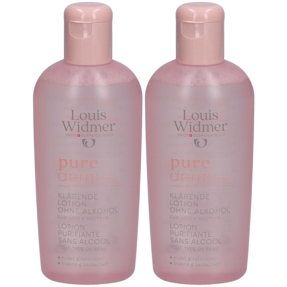 Zwei Flaschen Louis Widmer Purederm Lotion. Rosa Flaschen mit weißer Schrift. Ohne Alkohol.