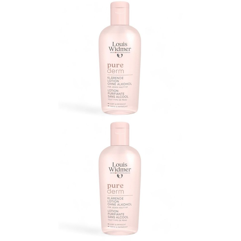 Deux flacons de lotion Louis Widmer Purederm. Flacons roses, texte blanc. Sans alcool.