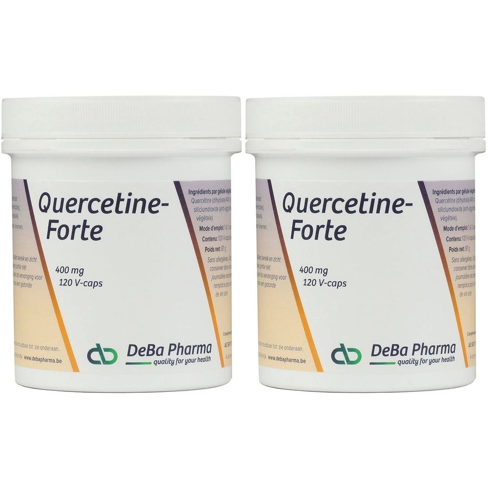 Deux pots blancs avec couvercles. Inscription : Quercetine-Forte, 400 mg, 120 V-caps. Logo DeBa Pharma.
