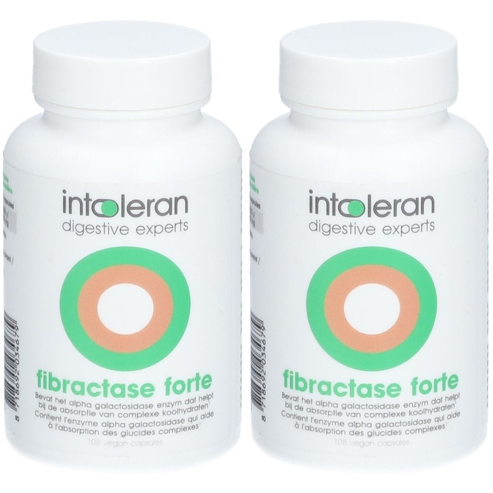 Deux flacons blancs avec bouchons à vis. Inscription : intoleran digestive experts, fibractase forte. Logo vert et orange.