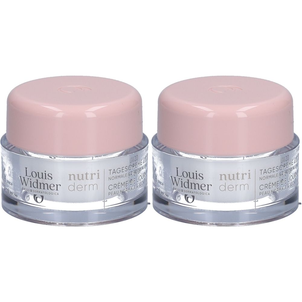 Deux pots de Louis Widmer Nutriderm Crème de Jour UV20. Récipients en verre avec couvercles roses. Inscription: Nutriderm, Crème de Jour UV20.