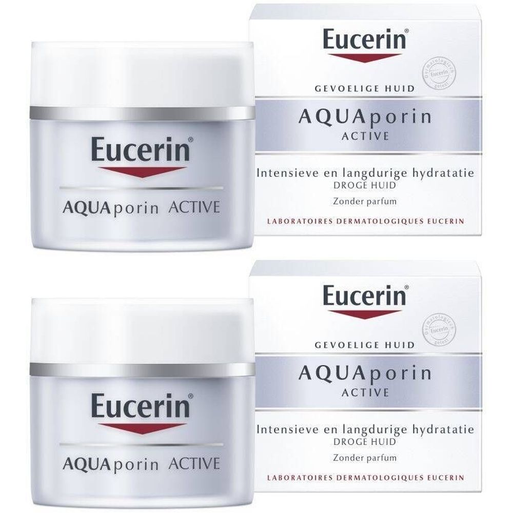 Zwei Tiegel und Verpackungen von Eucerin AQUAporin ACTIVE. Weiße Tiegel mit rotem Logo und Schriftzug. Karton mit Produktinformationen.