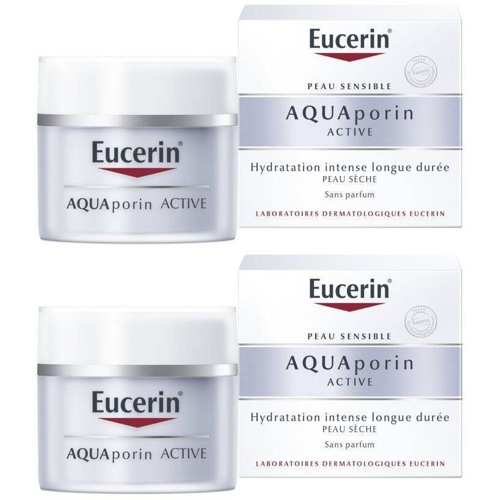 Deux pots et emballages Eucerin AQUAporin ACTIVE. Pots blancs avec logo rouge et texte. Boîtes avec informations produit.