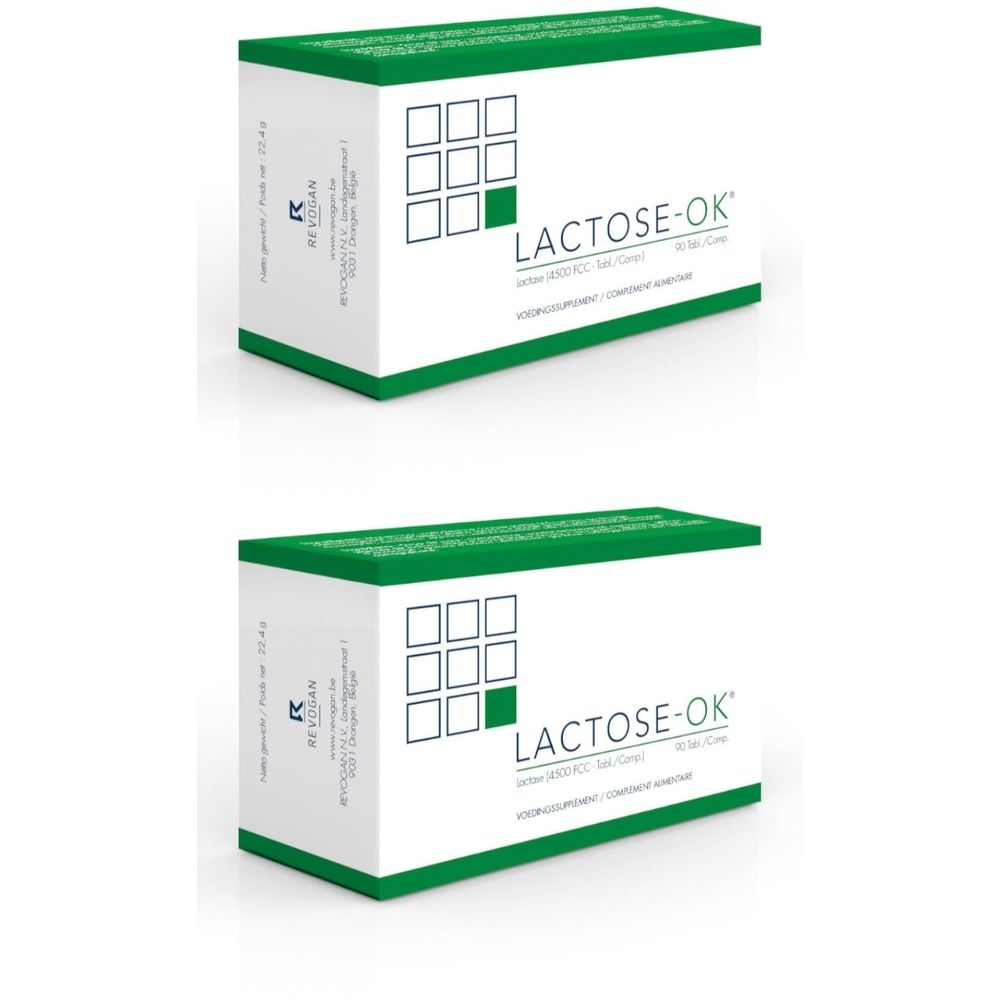Zwei weiße Kartons mit grünen Akzenten. Aufschrift "LACTOSE-OK". Oben links ein Logo mit Quadraten.