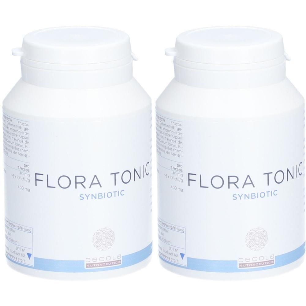 Zwei weiße Flaschen mit Schraubverschluss. Aufschrift: Flora Tonic Synbiotic. Logo Decola Nutraceuticals.