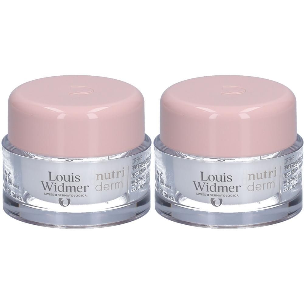 Zwei Tiegel Louis Widmer Nutriderm, rosa Deckel, transparente Gläser. Aufschrift: Nutri Derm.