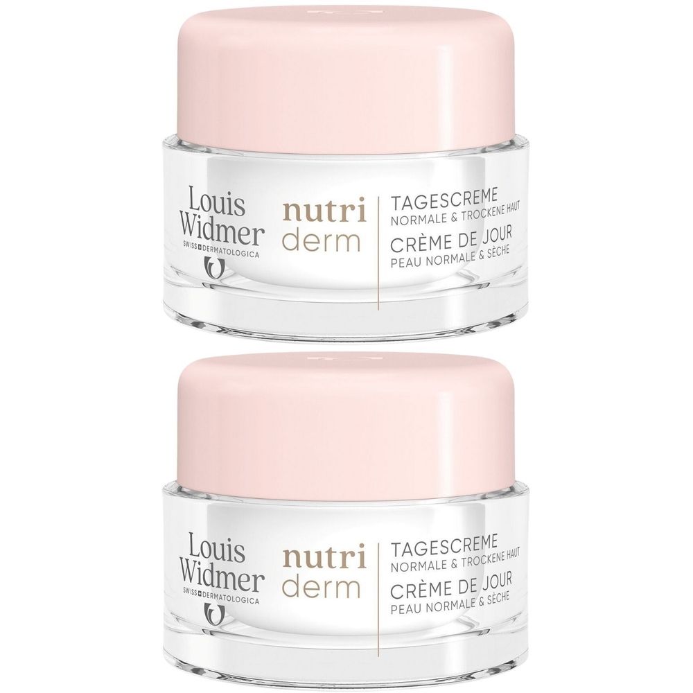 Deux pots Louis Widmer Nutriderm, couvercles roses, pots transparents. Inscription: Nutri Derm, Crème de jour.