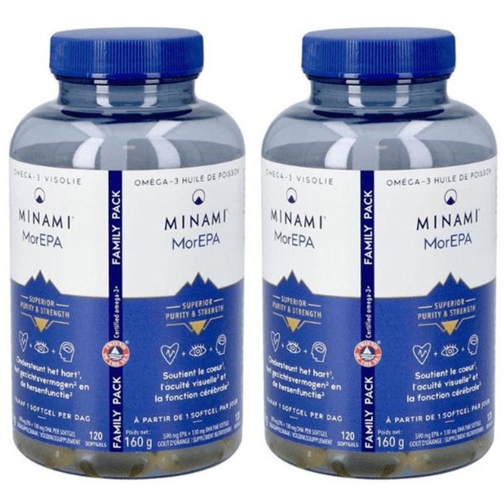 Zwei Flaschen MINAMI MorEPA. Blaue Deckel, transparente Behälter mit Kapseln. Aufschrift: Omega-3, FAMILY PACK, 120 Softgel.