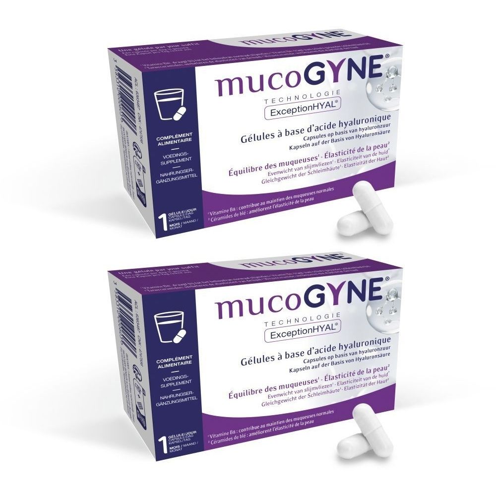 Zwei Packungen MUCOGYNE, lila-weiß. Kapseln liegen daneben. Text: Gélules à base d'acide hyaluronique, Équilibre des muqueuses.