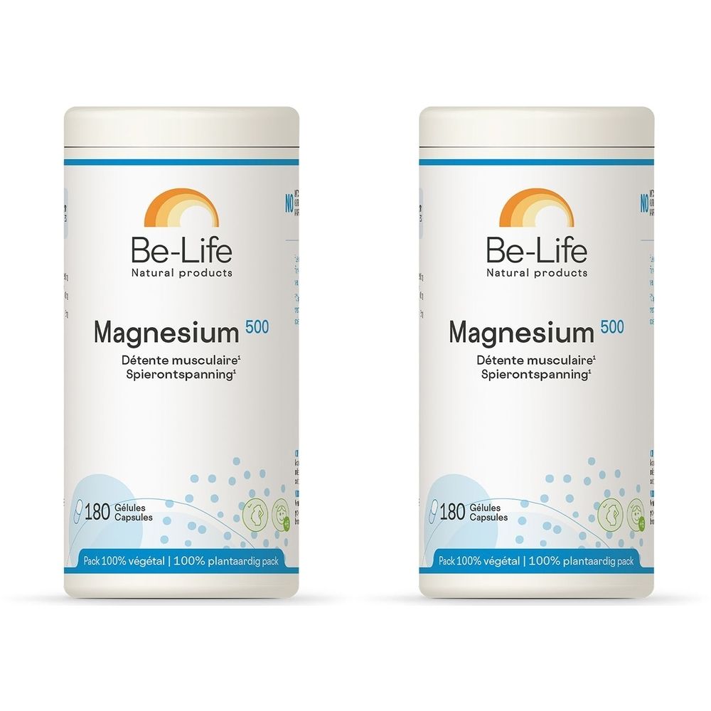 Zwei weiße Be-Life Magnesium-Behälter. Aufschrift: Magnesium 500, Détente musculaire, Spierontspanning. 180 Kapseln. Packung 100% vegetal.