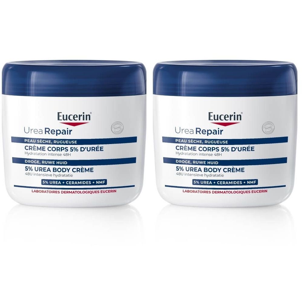 Deux pots blancs avec couvercles bleus. Inscription: Eucerin Urea Repair, Crème Corps 5% D'Urée, 5% Urea Body Crème. Logo et texte en français et anglais.