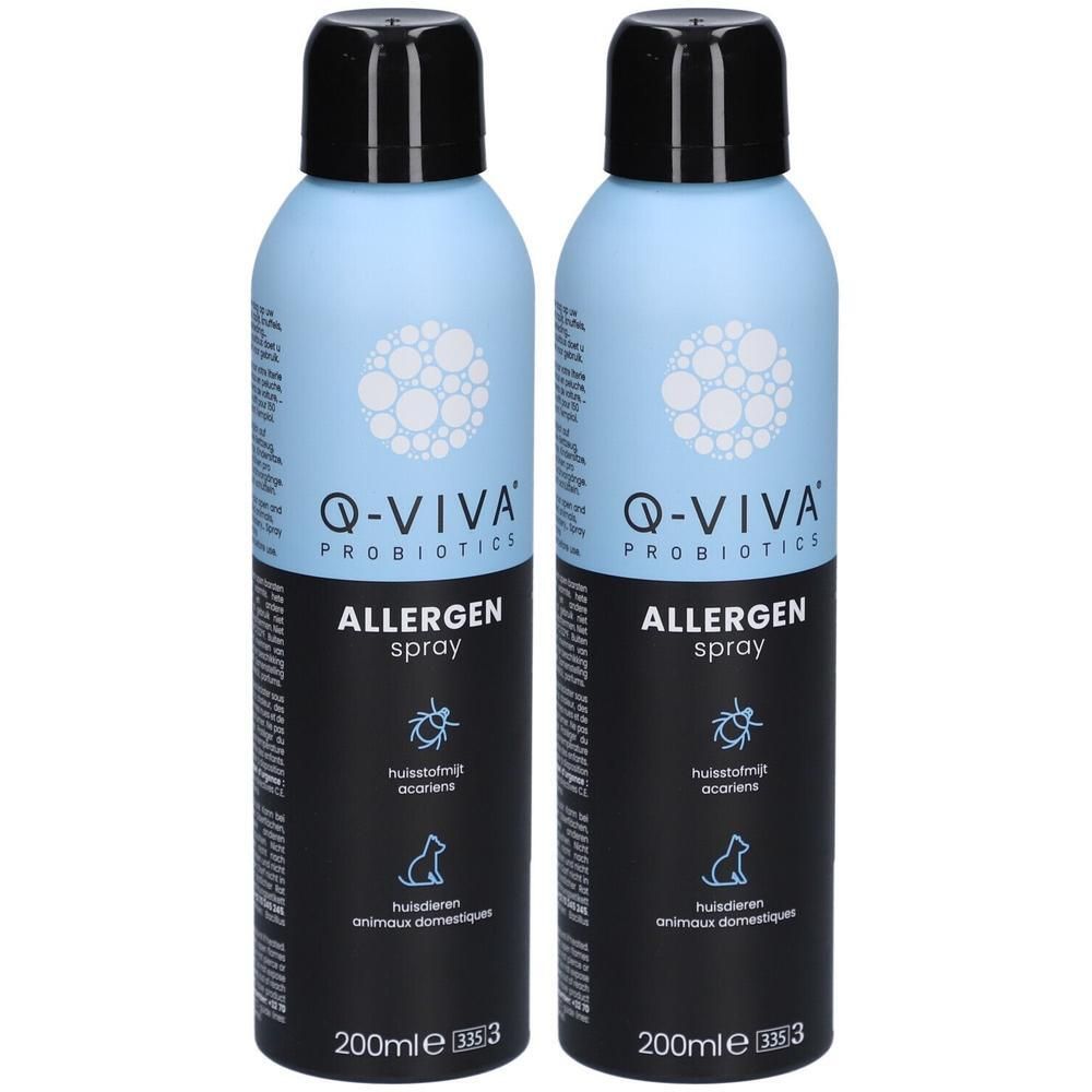 Deux flacons de spray bleus avec bouchons noirs. Inscription: Q-VIVA Probiotics Allergen Spray. 200ml.