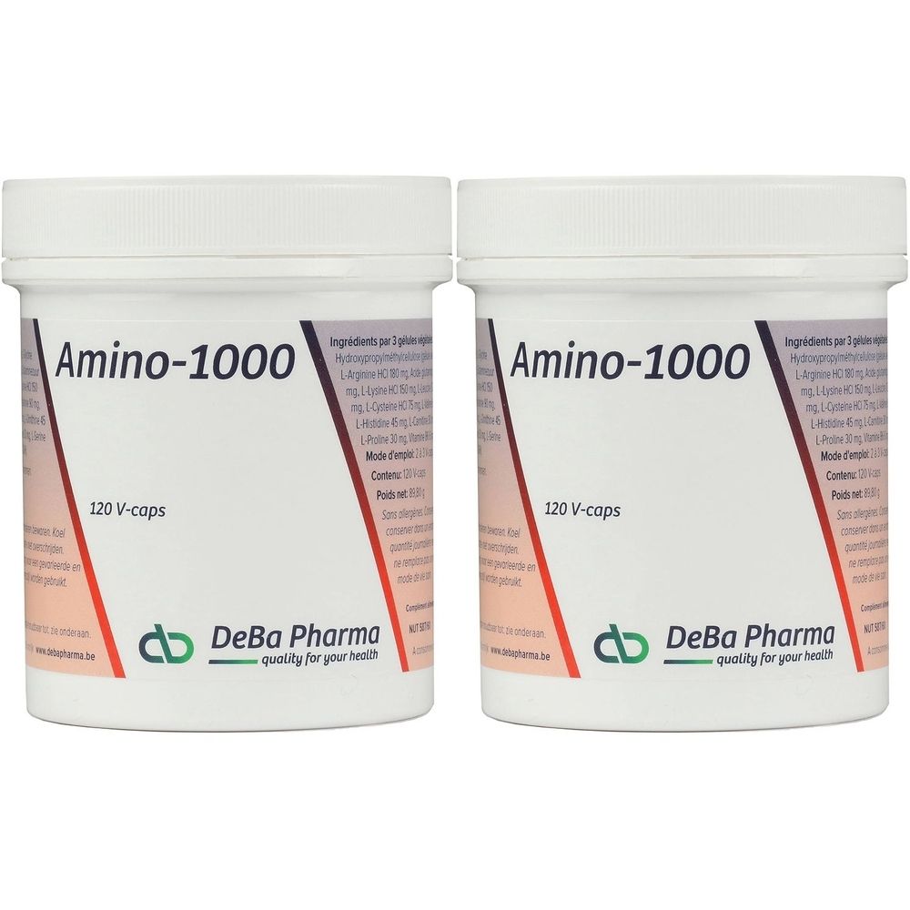 Zwei weiße Behälter mit Deckel. Aufschrift "Amino-1000" und "120 V-caps". Logo von DeBa Pharma.