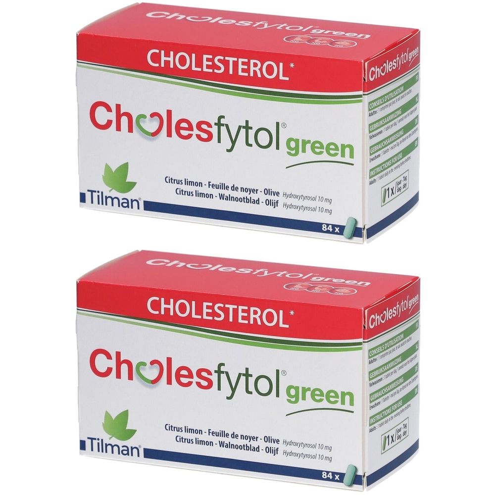 Deux boîtes de Cholesfytol® Green. Emballage rouge et blanc avec des accents verts. Texte : Cholestérol, Cholesfytol green, Tilman.