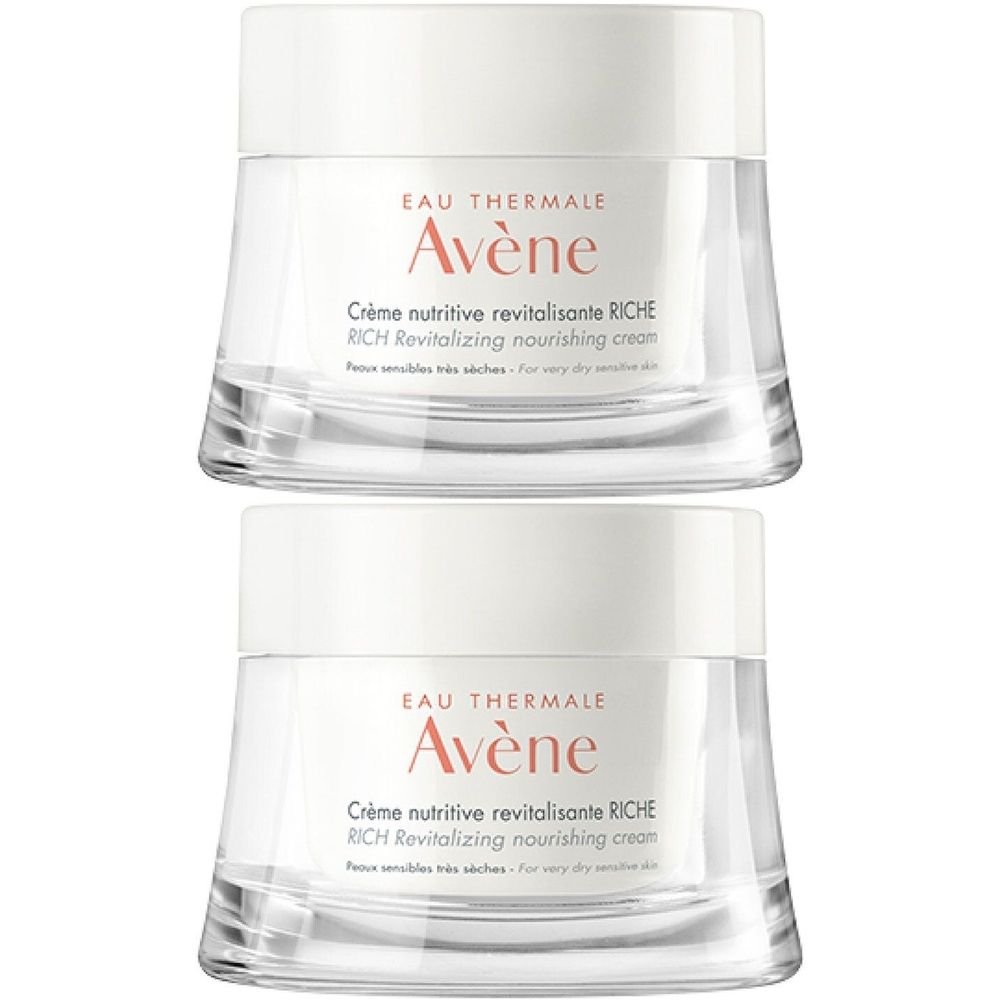 Deux pots de crème avec couvercle blanc et verre transparent. Inscription: Eau Thermale Avène, Crème nutritive revitalisante RICHE.