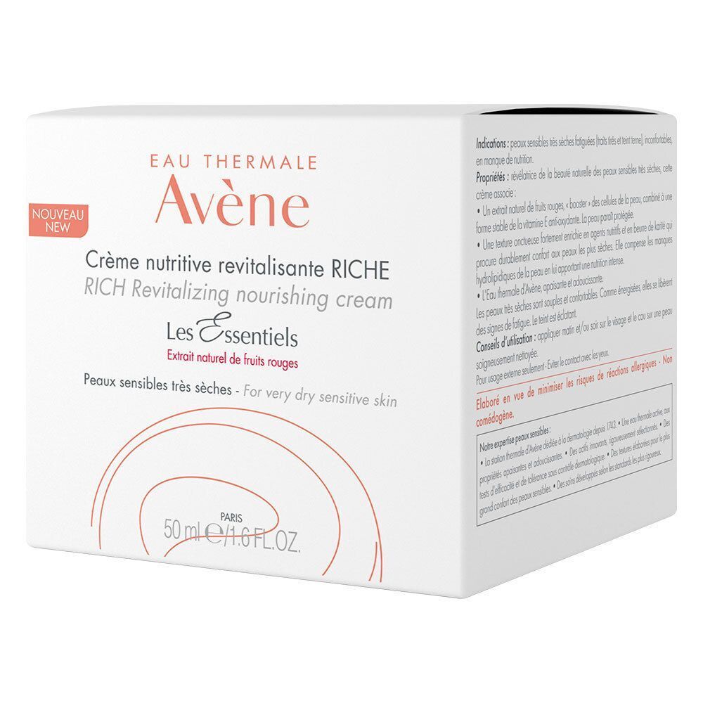 Weiße Verpackung mit Produktabbildung. Aufschrift: Eau Thermale Avène, Crème nutritive revitalisante RICHE. Text und Logo.