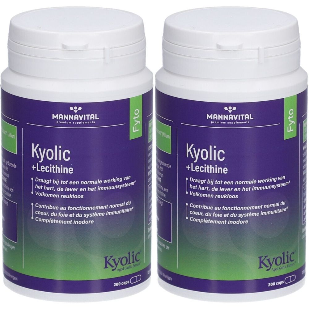 Deux flacons blancs avec étiquettes violettes. Inscription: MannaVital Kyolic + Lecithine. Fond vert et blanc.