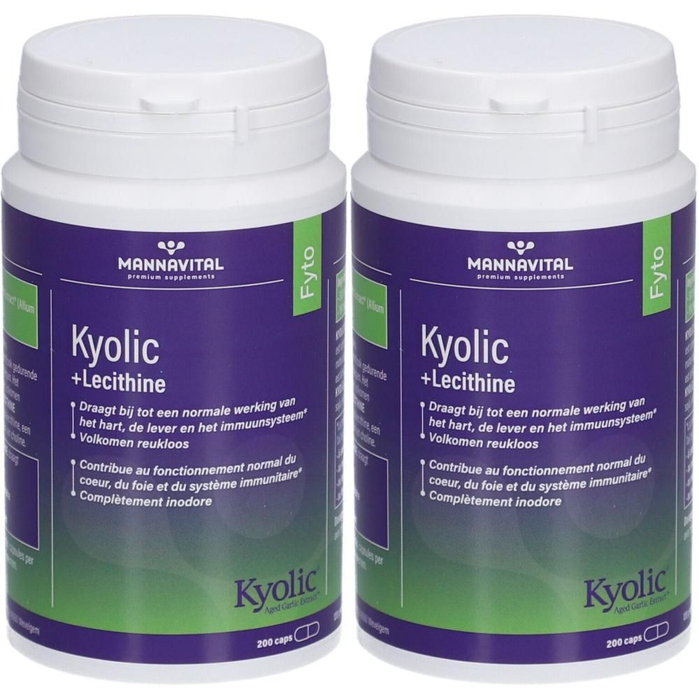 Zwei weiße Flaschen mit lila Etiketten. Aufschrift: MannaVital Kyolic + Lecithine. Grün-weißer Hintergrund.