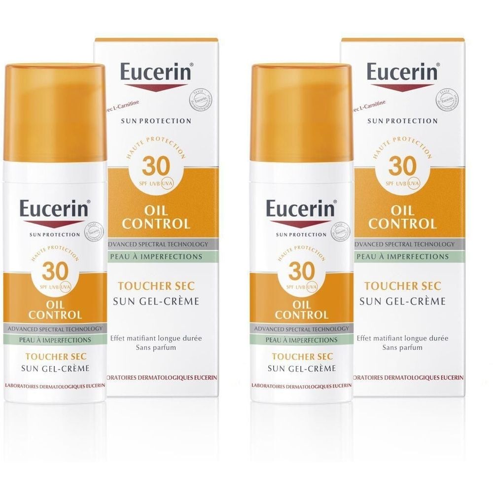 Eucerin Sun Protection Oil Control Face SPF 30. Zwei Flaschen und Verpackungen. Weiß, orangefarben und schwarz beschriftet.