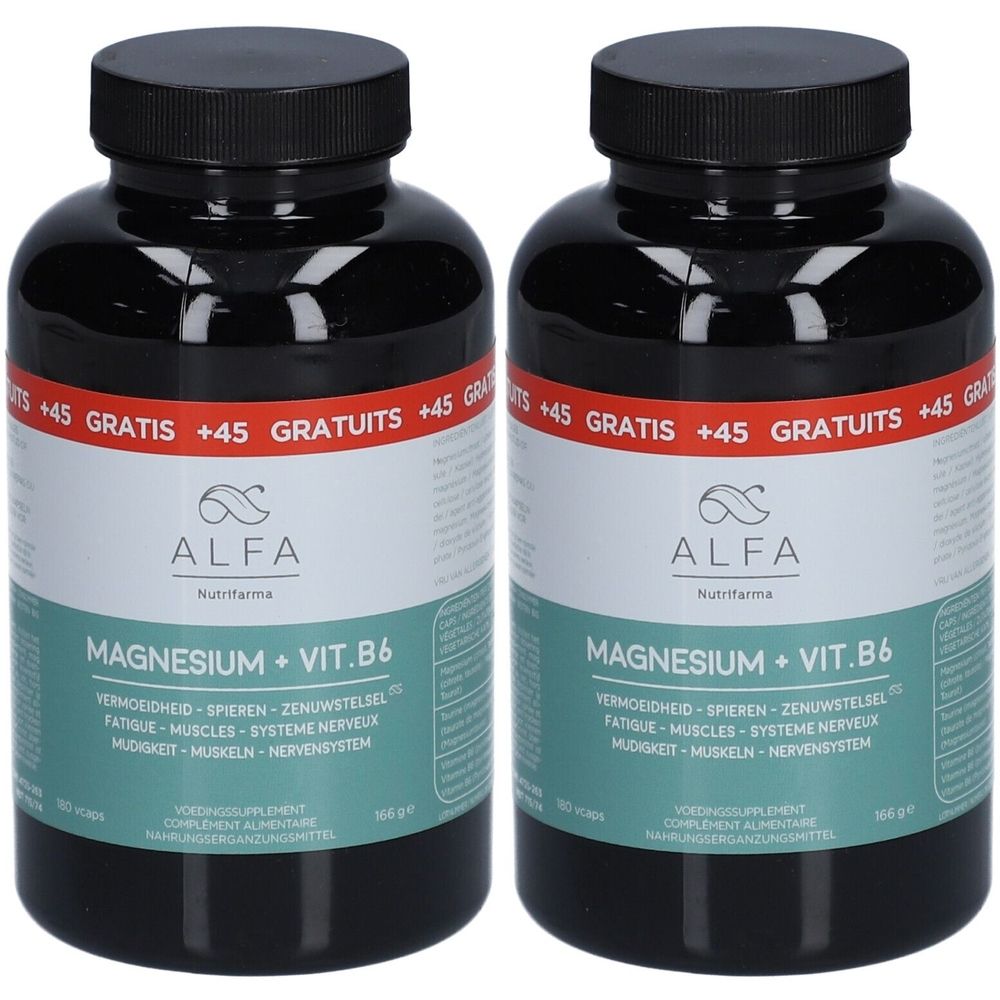 Zwei schwarze Flaschen mit schwarzem Deckel. Aufschrift: ALFA Magnesium + Vit. B6. Zusatz: +45 Gratis. Aufschrift in Deutsch, Französisch und Niederländisch.