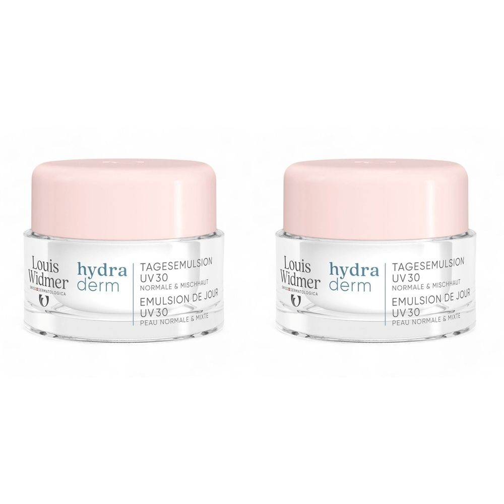 Deux pots Louis Widmer Hydraderm Tagesemulsion UV30. Récipients en verre avec couvercles roses. Texte: Emulsion de Jour.