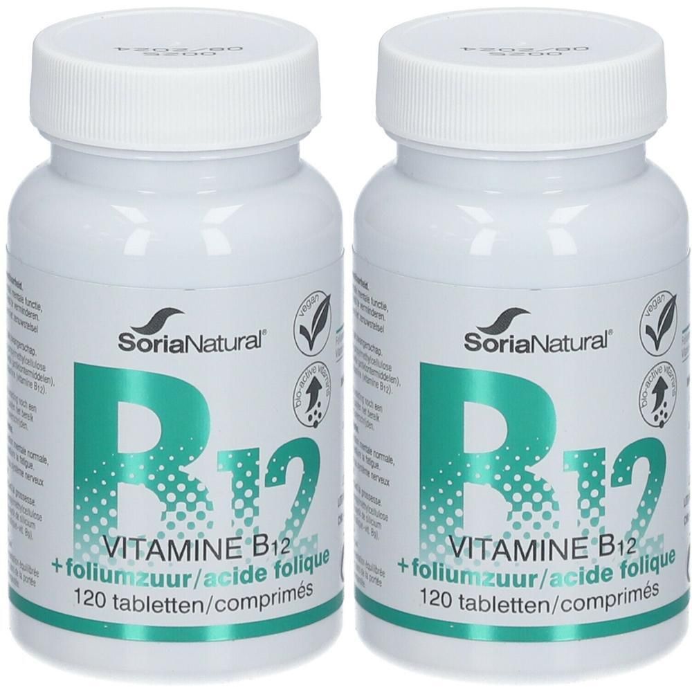 Zwei weiße Flaschen mit Schraubverschluss. Aufschrift: Soria Natural, B12, Vitamine B12 + Folsäure, 120 Tabletten.