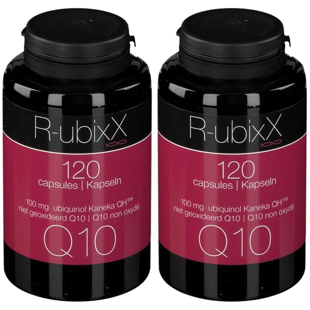 Zwei Flaschen R-ubixX 100. Schwarze Deckel, rote Etiketten mit weißer Schrift. Enthält 120 Kapseln. Q10-Zusatz.