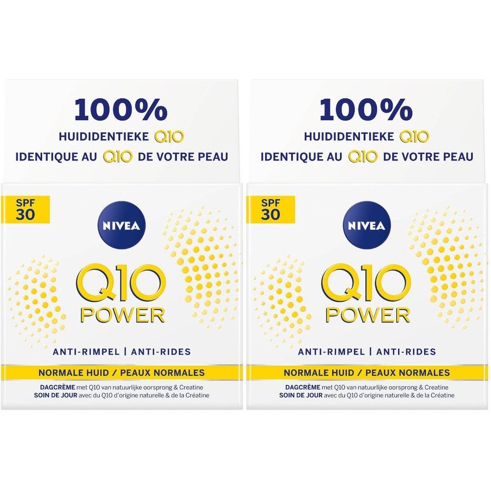 Deux boîtes carrées de crème anti-rides. En haut, "100% HUIDIDENTIEKE Q10". En dessous, "NIVEA Q10 POWER".