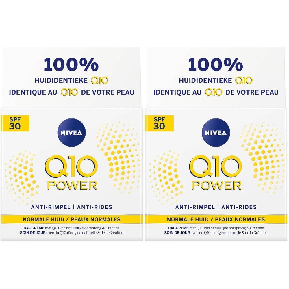 Deux boîtes carrées de crème anti-rides. En haut, "100% HUIDIDENTIEKE Q10". En dessous, "NIVEA Q10 POWER".