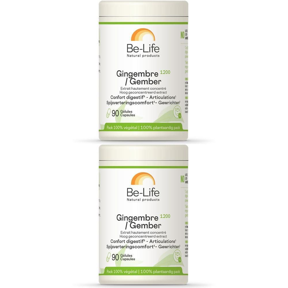 Zwei weiße Be-Life Ingwer 1200-Dosen. Aufschrift: Ingwer/Gember 1200, 90 Kapseln. Logo: Orangefarbene Sonne.
