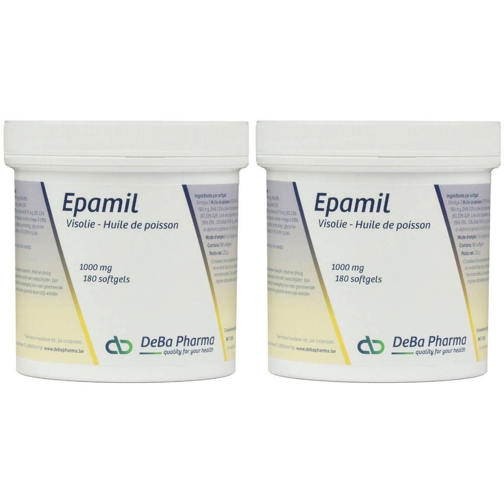 Zwei weiße Behälter mit Etiketten. Aufschrift: Epamil, Visolie - Huile de poisson, 1000 mg, 180 softgels. DeBa Pharma Logo.