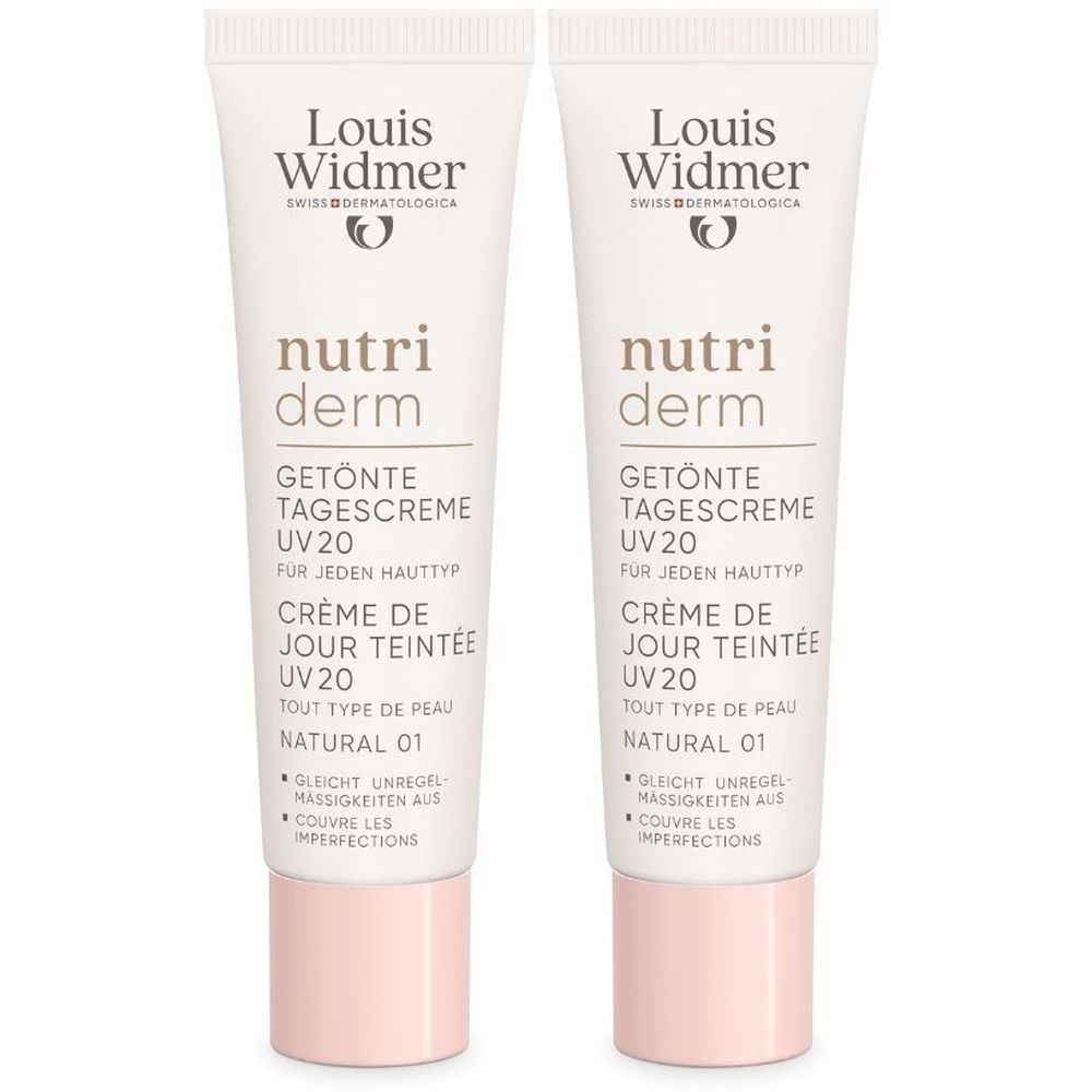 Deux tubes de crème de jour Louis Widmer Nutriderm. Blanc, avec texte et bouchon rose. UV20.