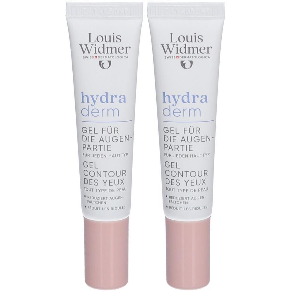Zwei Tuben Louis Widmer Hydraderm Gel Augenkontur. Weiße Tuben mit rosa Verschlusskappe. Produktbezeichnung und Logo aufgedruckt.