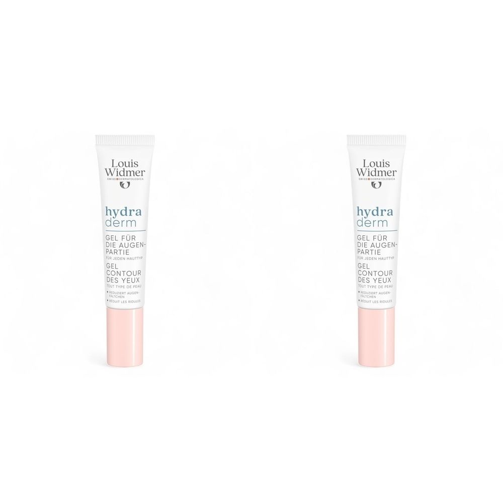 Deux tubes de gel contour des yeux Louis Widmer Hydraderm. Tubes blancs avec bouchon rose. Nom du produit et logo.