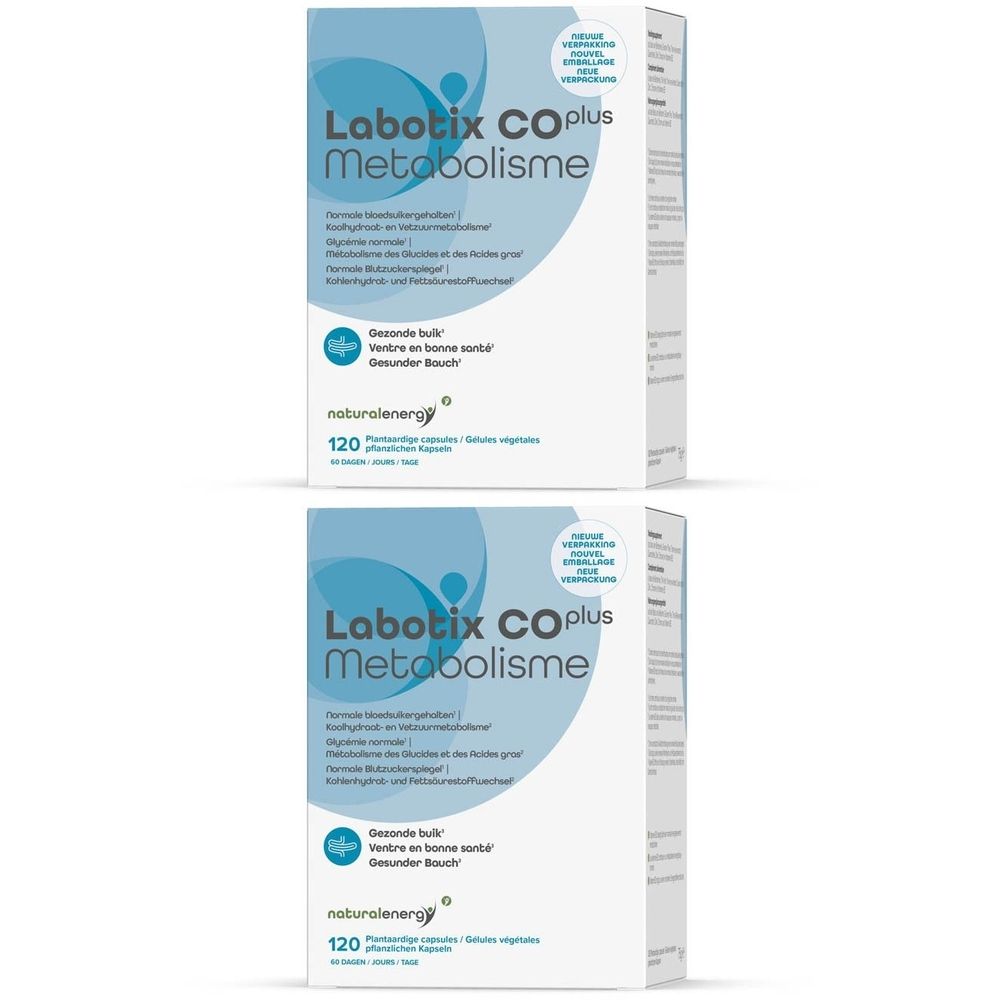 Zwei weiße Kartons mit Produktaufdruck. Aufschrift: Labotix COplus Metabolisme. Marke: naturalenergy. 120 pflanzliche Kapseln.