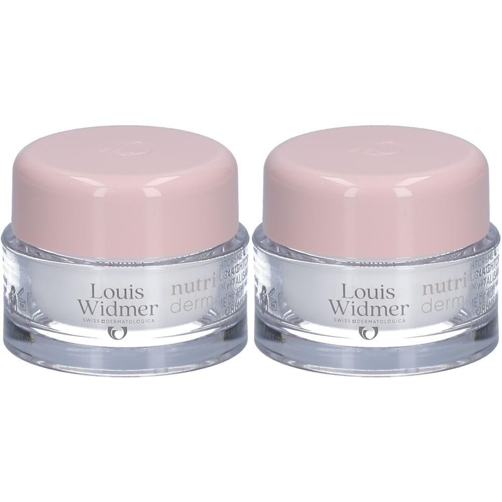 Zwei Tiegel Louis Widmer Nutriderm Nachtcreme. Glasbehälter mit rosa Deckel. Schriftzug: Louis Widmer, Nutriderm, Vitalisierende Nachtcreme.