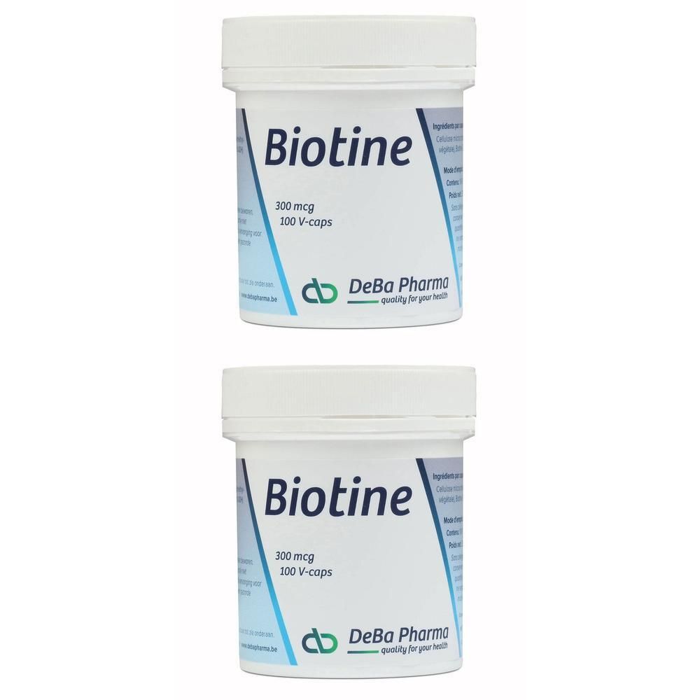 Zwei weiße Behälter mit Aufschrift Biotine, 300 mcg, 100 V-caps. DeBa Pharma Logo.
