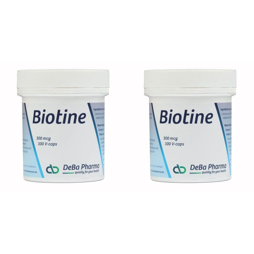 Deux flacons blancs avec inscription Biotine 300 mcg, 100 V-caps. Logo DeBa Pharma.