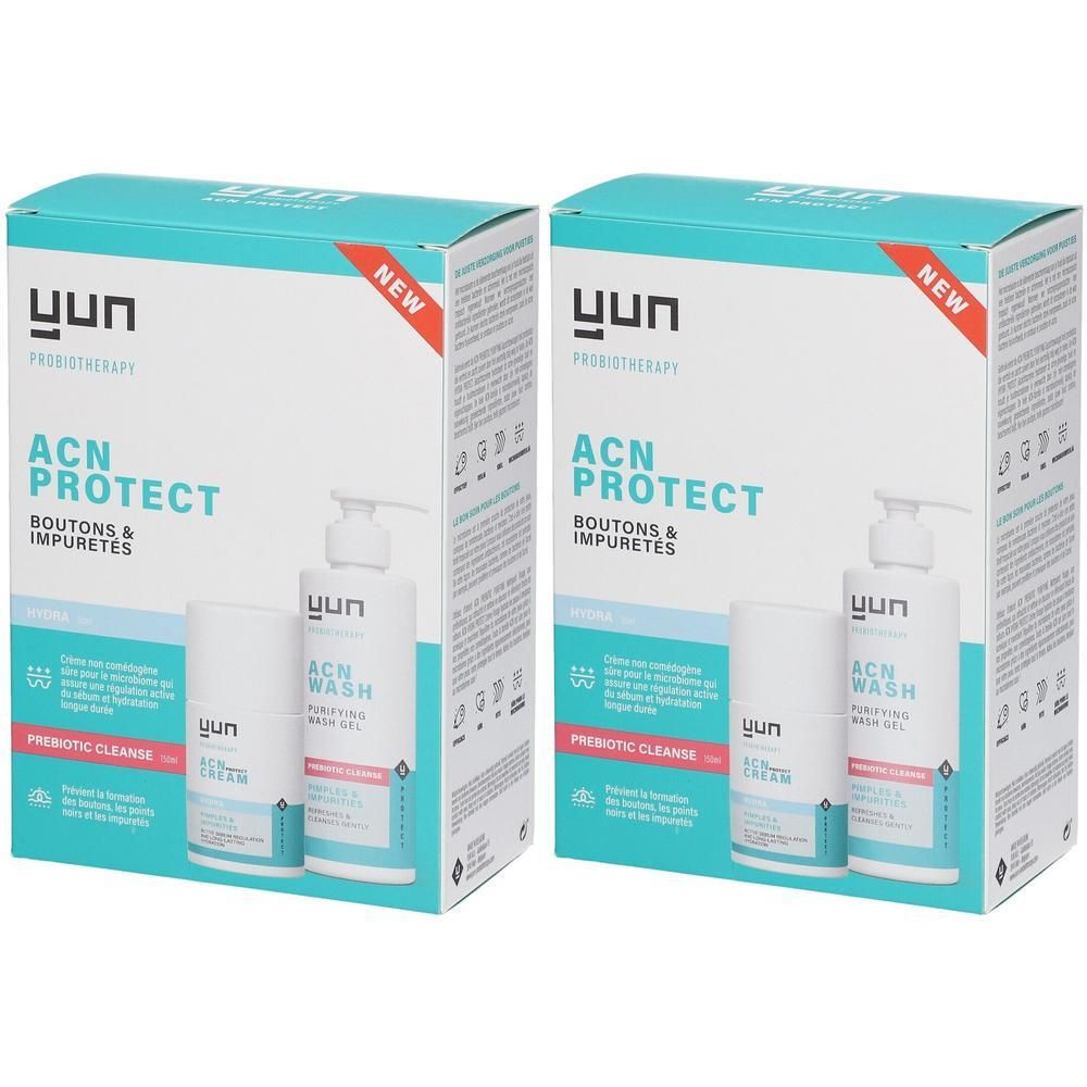 Deux boîtes de produits avec gel lavant, crème et flacon. Inscription : ACN PROTECT, YUN. Nouvelle formule.