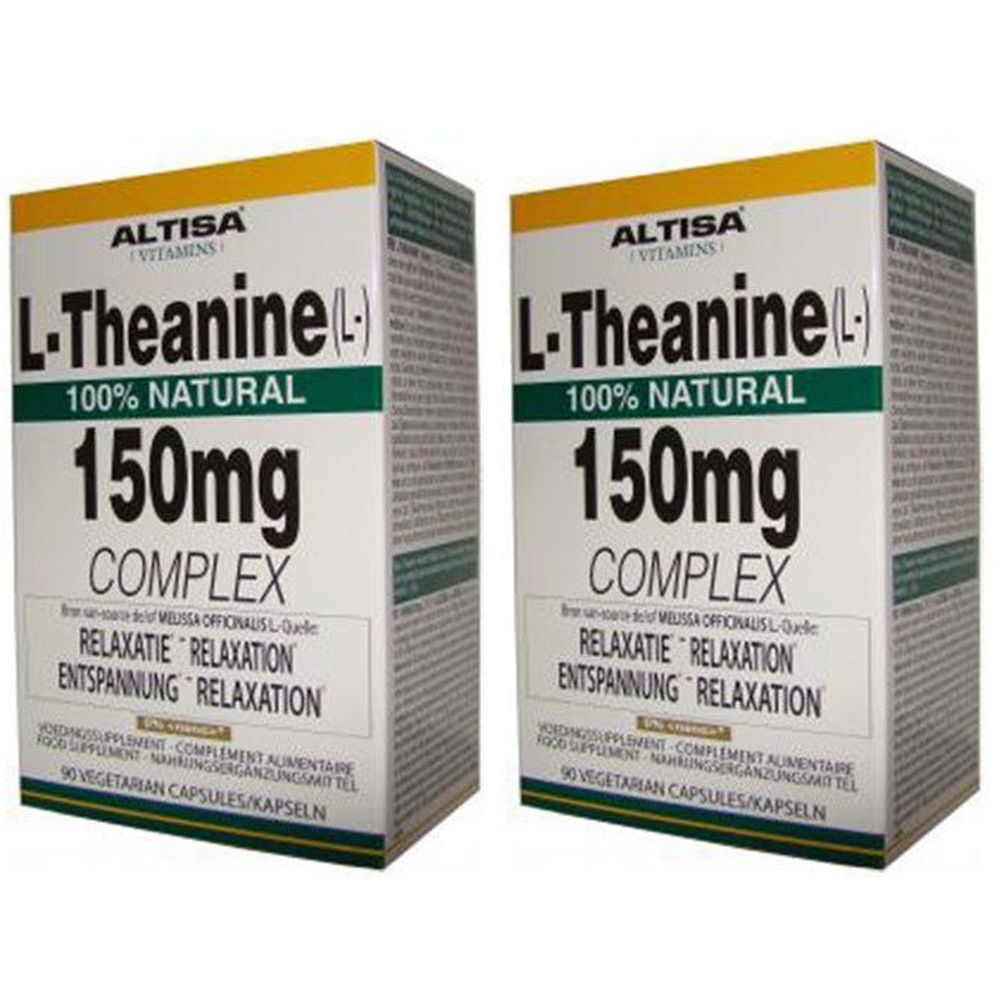 Deux boîtes Altisa L-Théanine 150mg Complex. Boîtes blanches avec accents jaunes et informations produit.