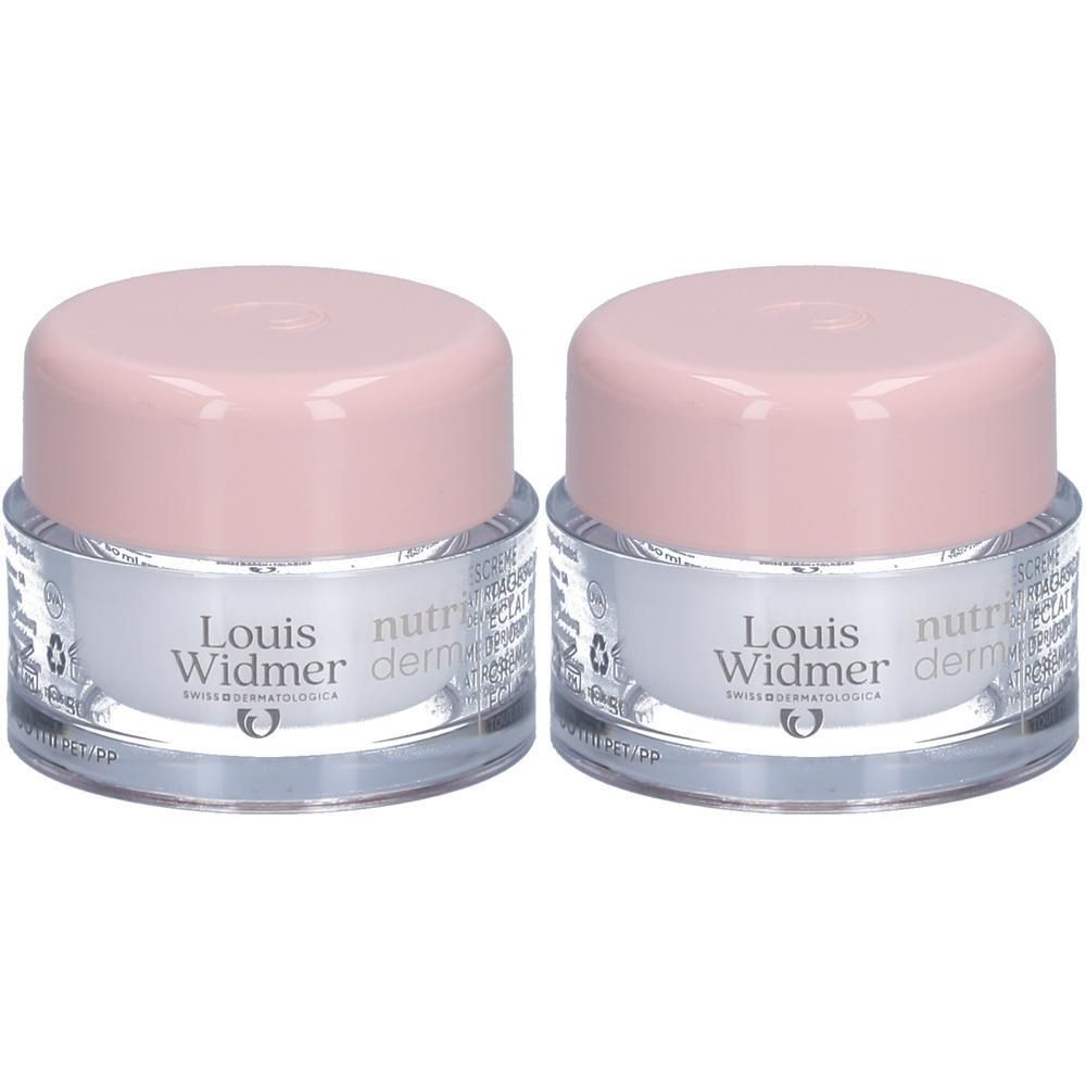 Zwei Tiegel Louis Widmer Nutriderm Creme mit rosa Deckel. Aufschrift: Nutriderm, Swiss Cosmetic.