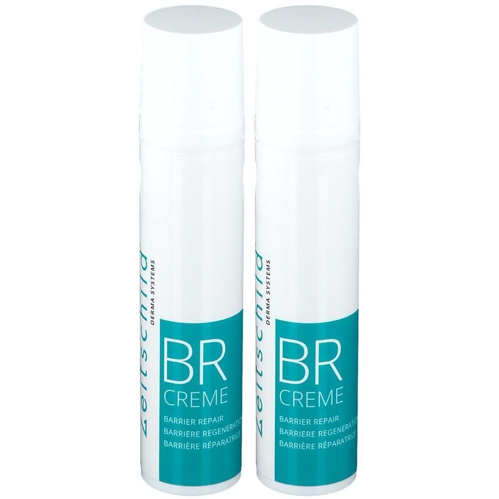 Zwei weiße Sprühflaschen mit blauem Etikett. Aufschrift: BR Creme, Barrier Repair. Zeitschild Derma Systems Logo.