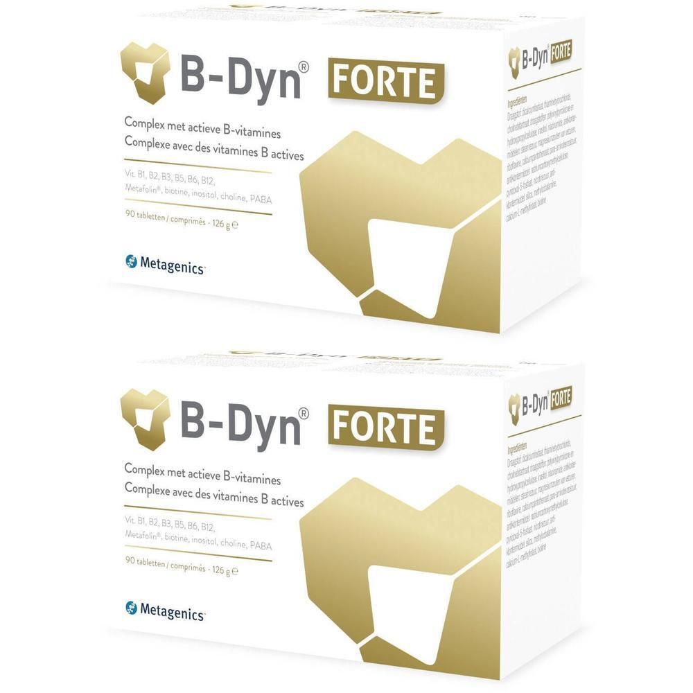 Zwei Packungen B-Dyn® FORTE. Weiße Schachteln mit goldfarbenem Logo und Schriftzug. Enthält B-Vitamine.
